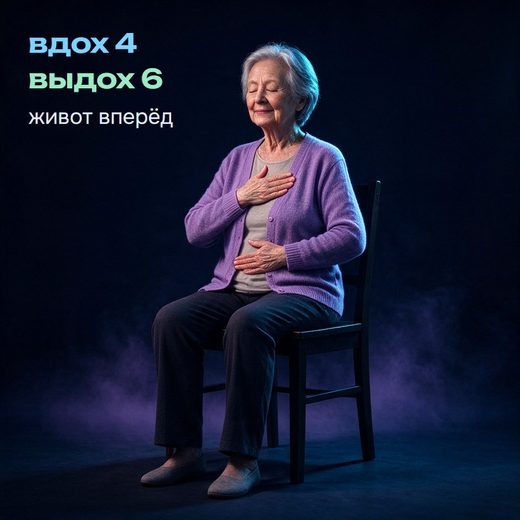 Дыхание животом сидя на стуле: одна ладонь на груди, другая на животе, на вдохе живот выходит вперёд; вдох 4, выдох 6