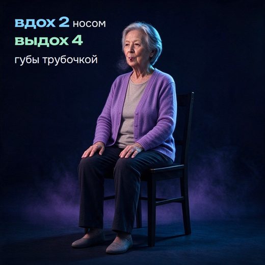 Выдох через сжатые губы сидя: вдох носом на 2, медленный выдох через губы трубочкой на 4
