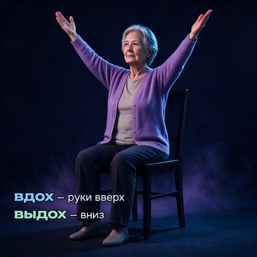 Руки вверх сидя: на вдохе руки поднимаются через стороны, на выдохе опускаются