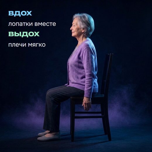 Плечи назад сидя: на вдохе лопатки сводятся и грудь раскрывается, на выдохе плечи расслабляются