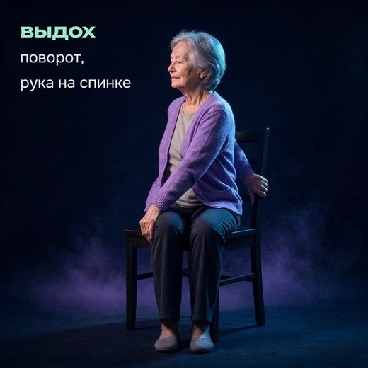 Повороты корпуса сидя: рука держит спинку стула, на выдохе корпус поворачивается в сторону