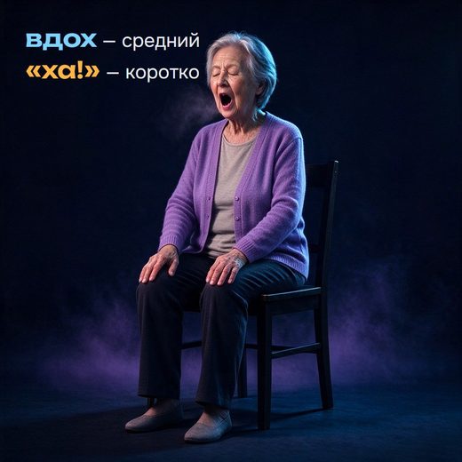 Покашливание «ха» сидя: вдох средней глубины, короткий выдох открытым ртом
