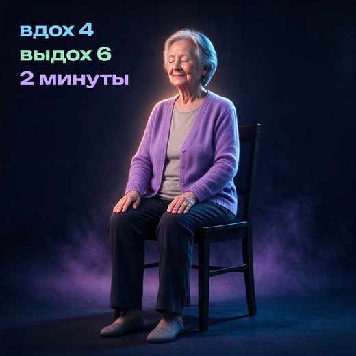 Спокойное дыхание сидя с закрытыми глазами: вдох 4, выдох 6, 2 минуты